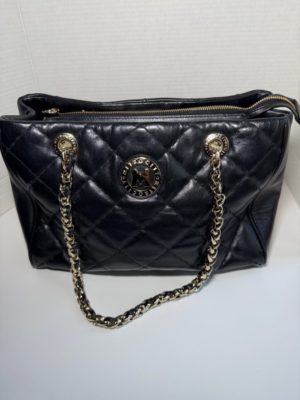 Metrocity Italy Black Quilted Leather Tote Bag - Gold Chain Accents